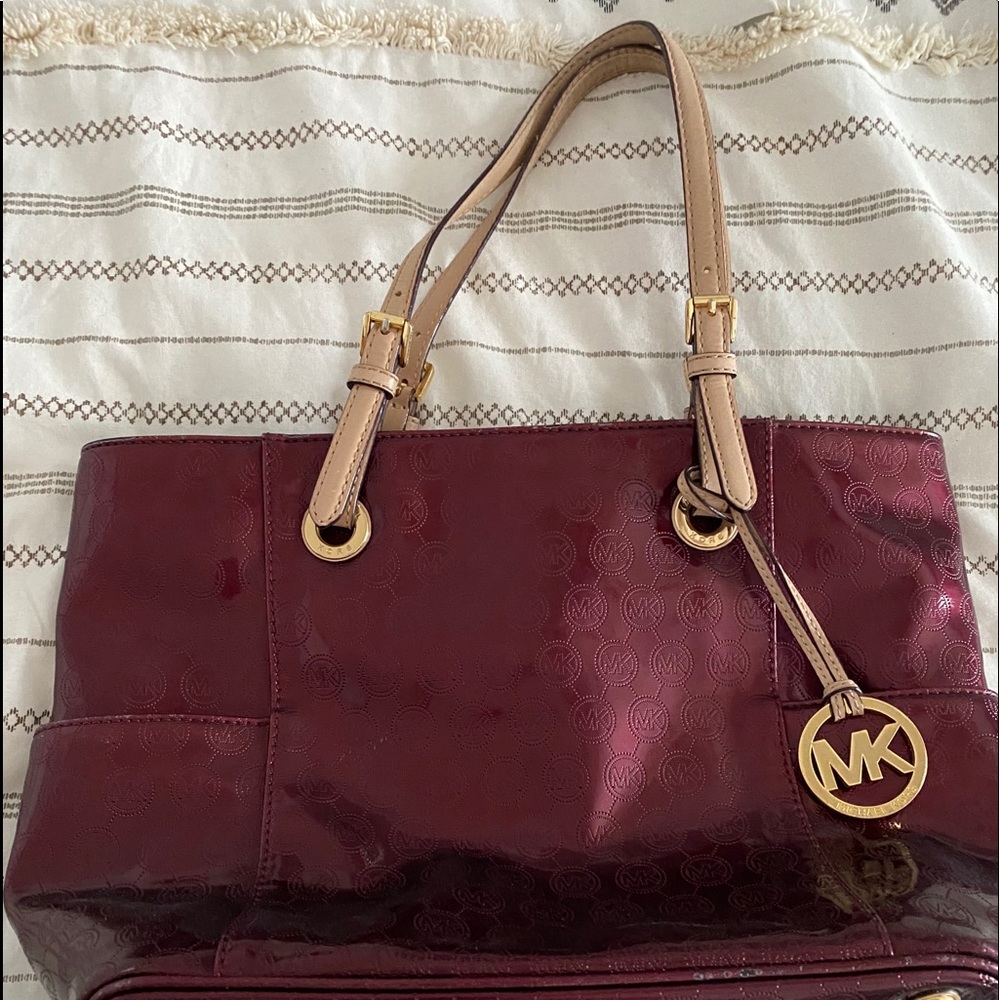 Michael Kors Logo Metallic Burgundy Tote